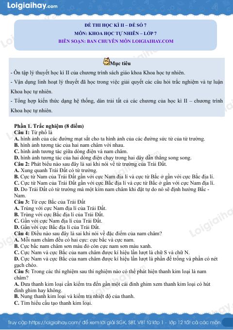 Đề thi học kì 2 Khoa học tự nhiên 7 Cánh diều - Đề số 7